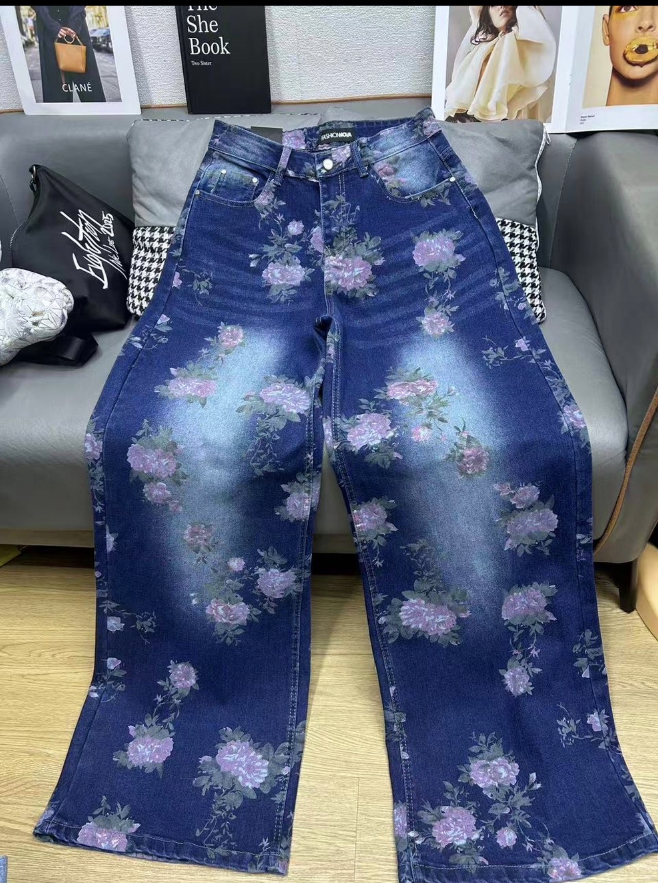 Floral print wide leg denim jeans