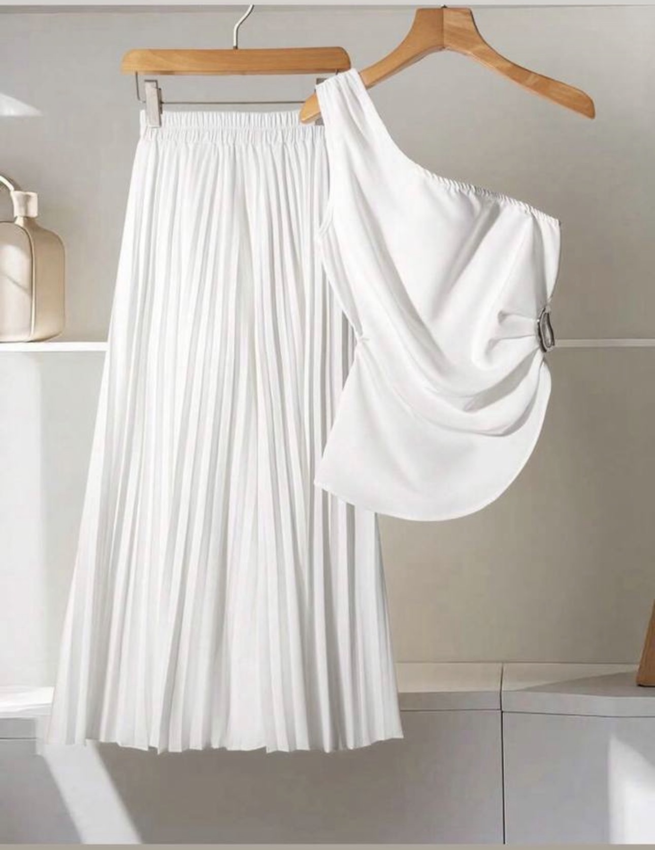White one-shoulder pleated two-piece set